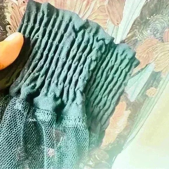 BLACK MESH LONG SLEEVE WITH PINK ROSES BLOUSE  ROUND RUFFLE NECK SIZE SMALL - Picture 6 of 7